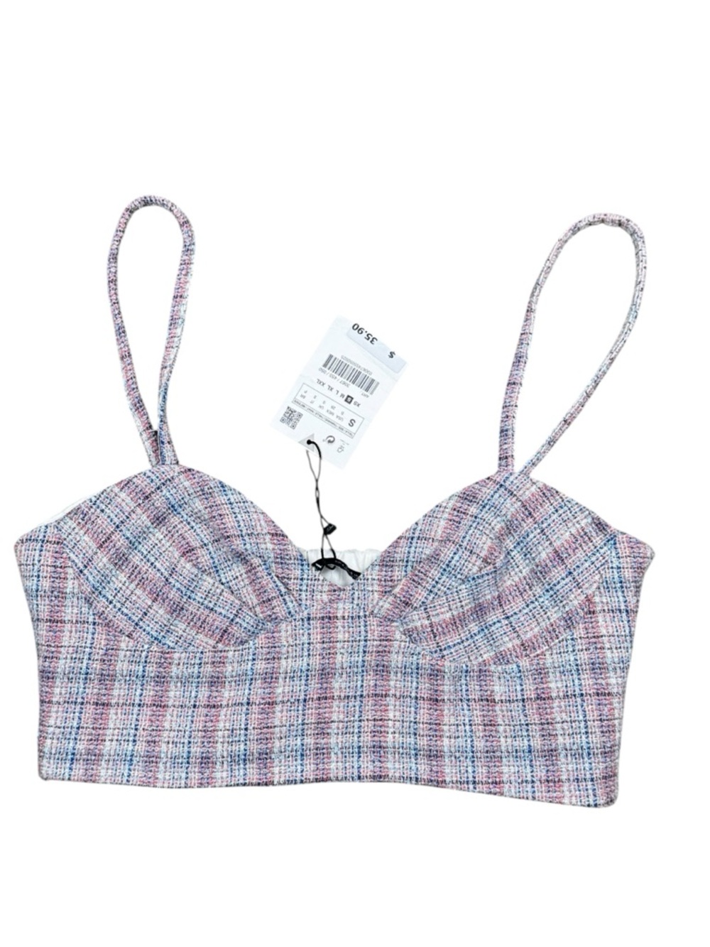 NWT Zara Tweed Plaid Pastel Multicolor Crop Bralette Top Size Small Academia